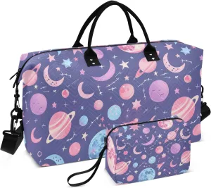 Pastel Mystical Constellation Moons Planets StarsTravel Duffle Bag,Large Weekender Travel Bag for Women Men Waterproof Luggage Bag with Trolley Sleeve,Airplane Travel Essentials for Flying