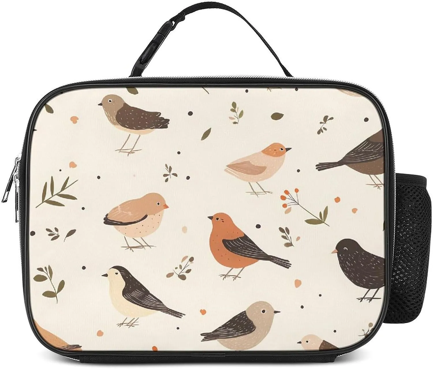 Pastoral Sparrow Birds Lunch Bag for Women Cooler Bags Tote Meal Box with Side Pocket Large Detachable