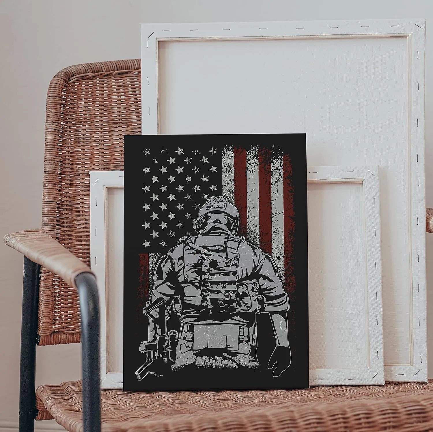 Patriotic Veteran Picture Artwork American Flag Soldier Wall Art Canvas Poster Prints Military Decor Army Gifts for Soldiers Veterans - 12x18 Inch