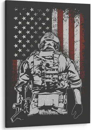Patriotic Veteran Picture Artwork American Flag Soldier Wall Art Canvas Poster Prints Military Decor Army Gifts for Soldiers Veterans - 12x18 Inch