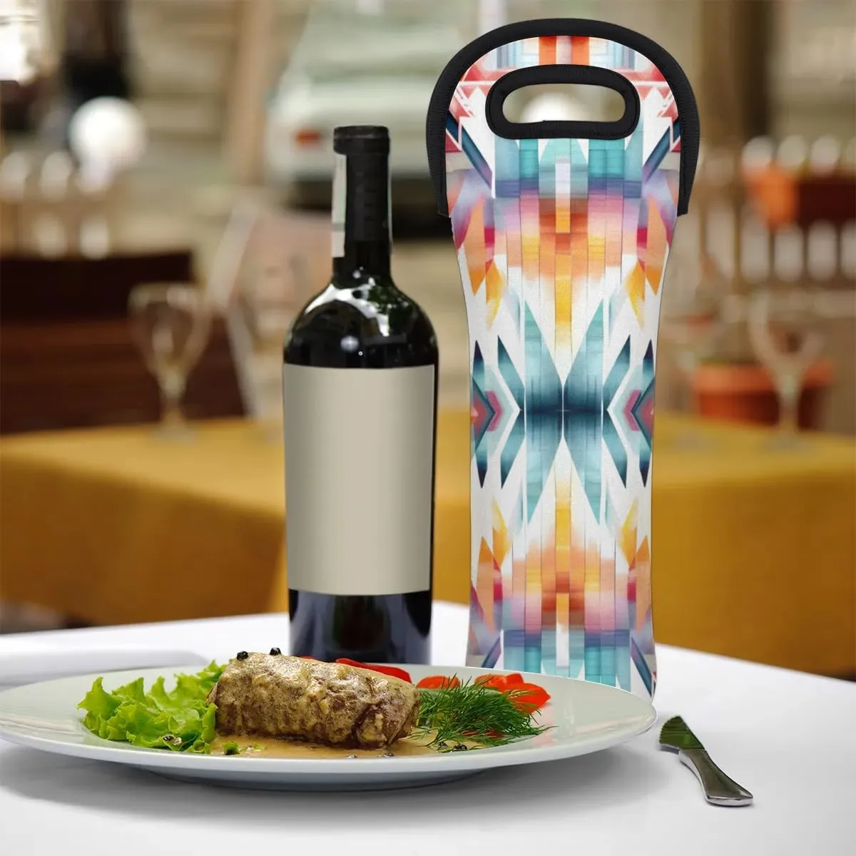 Patterned Aztec Wine Carrier Tote Bag Insulated Neoprene Wine Bag Tote Single Bottle Protective Travel Bag Beer Wine Cooler Bag with Secure Carry Handle 750 ml Wine Gifts for Women Men