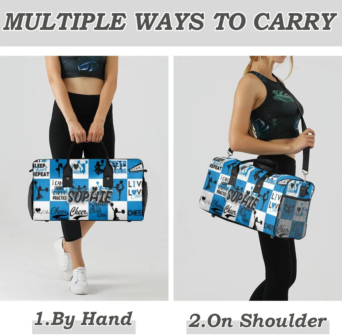 Personalized Cheer Duffel Bag for Cheerleaders, Custom Sports Bag for Women, Custom Cheerleading Travel Overnight Weekender Bag, Blue and White Buffalo Plaid