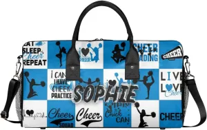 Personalized Cheer Duffel Bag for Cheerleaders, Custom Sports Bag for Women, Custom Cheerleading Travel Overnight Weekender Bag, Blue and White Buffalo Plaid