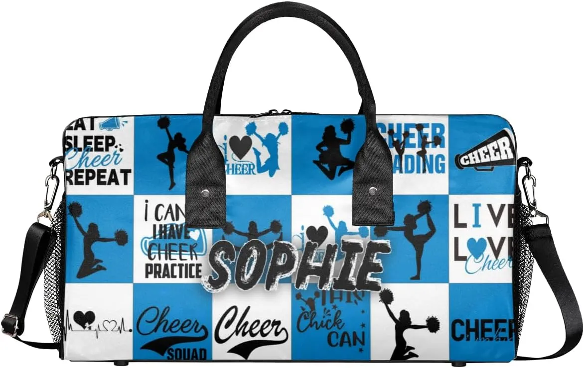 Personalized Cheer Duffel Bag for Cheerleaders, Custom Sports Bag for Women, Custom Cheerleading Travel Overnight Weekender Bag, Blue and White Buffalo Plaid