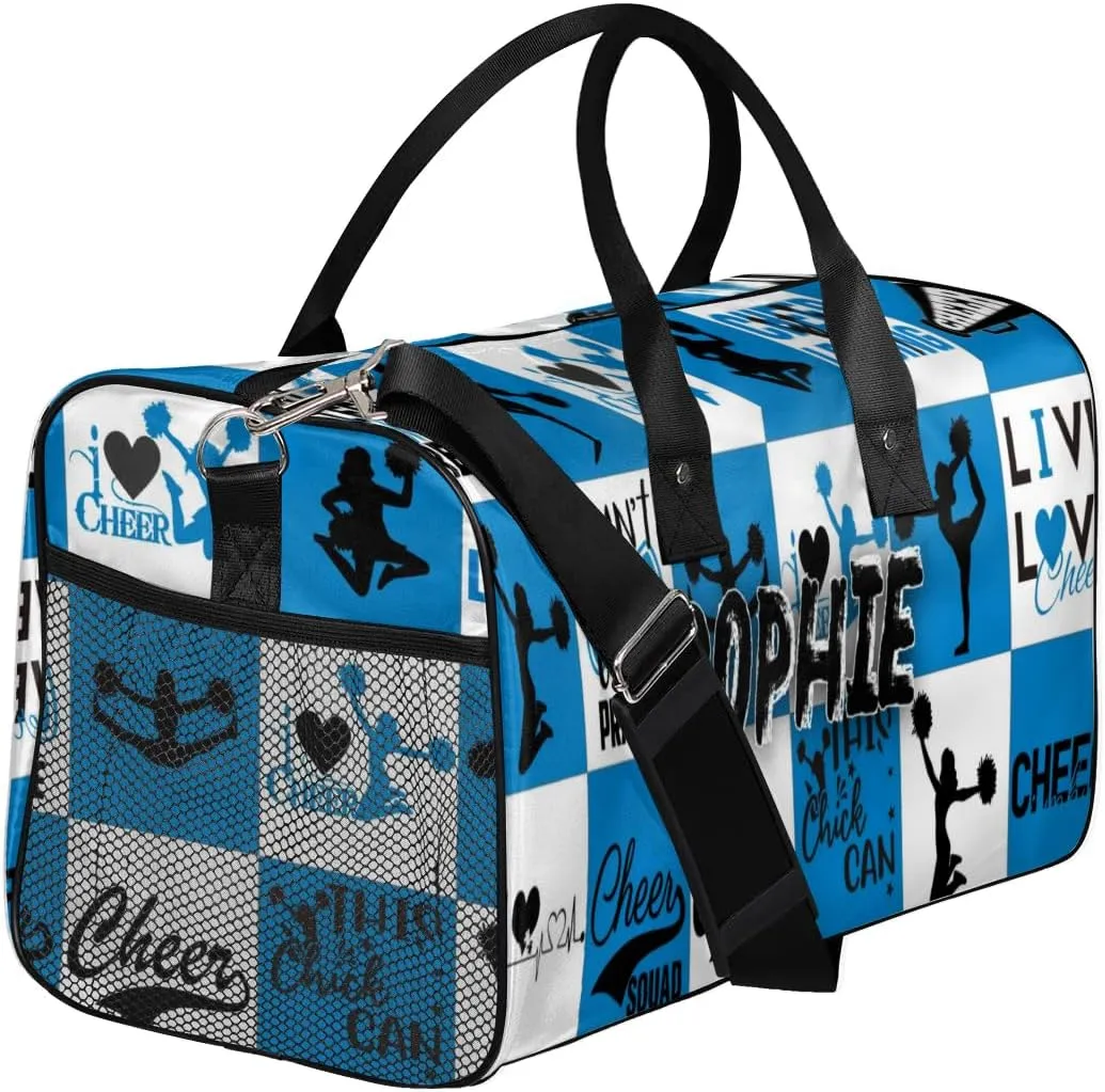 Personalized Cheer Duffel Bag for Cheerleaders, Custom Sports Bag for Women, Custom Cheerleading Travel Overnight Weekender Bag, Blue and White Buffalo Plaid
