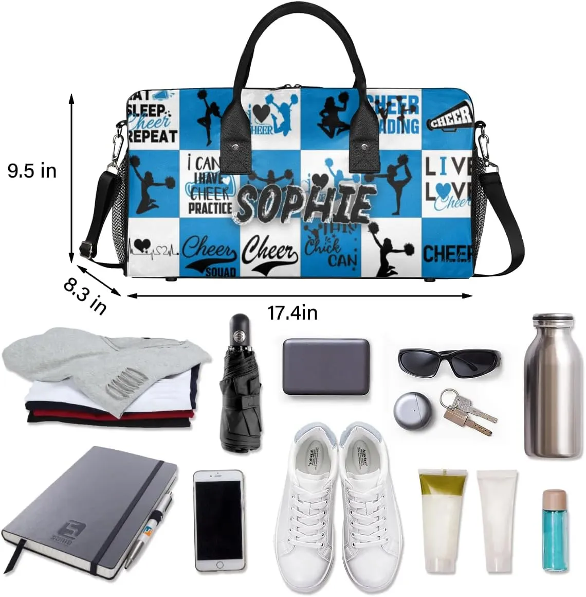 Personalized Cheer Duffel Bag for Cheerleaders, Custom Sports Bag for Women, Custom Cheerleading Travel Overnight Weekender Bag, Blue and White Buffalo Plaid