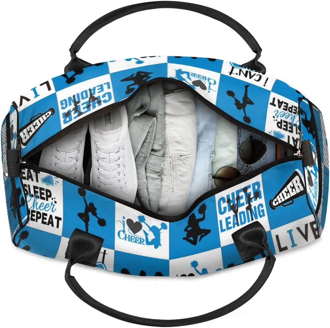 Personalized Cheer Duffel Bag for Cheerleaders, Custom Sports Bag for Women, Custom Cheerleading Travel Overnight Weekender Bag, Blue and White Buffalo Plaid