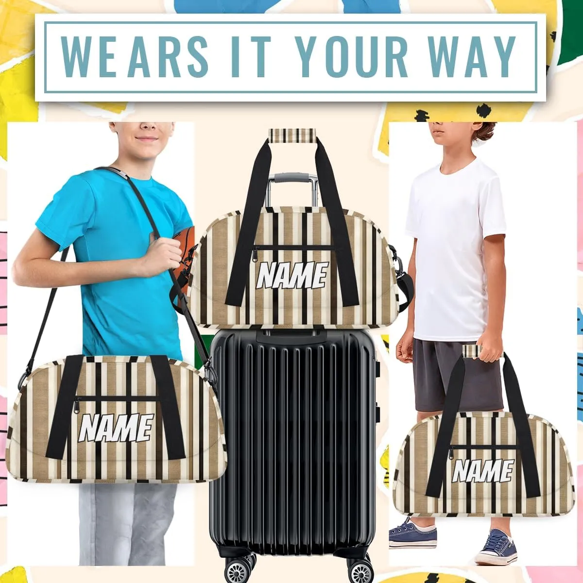 Personalized Custom Gym Bag for Women Men Carry on Striped Travel Duffel Tote Black and Cream Lines Overnight Workout Weekender Bag