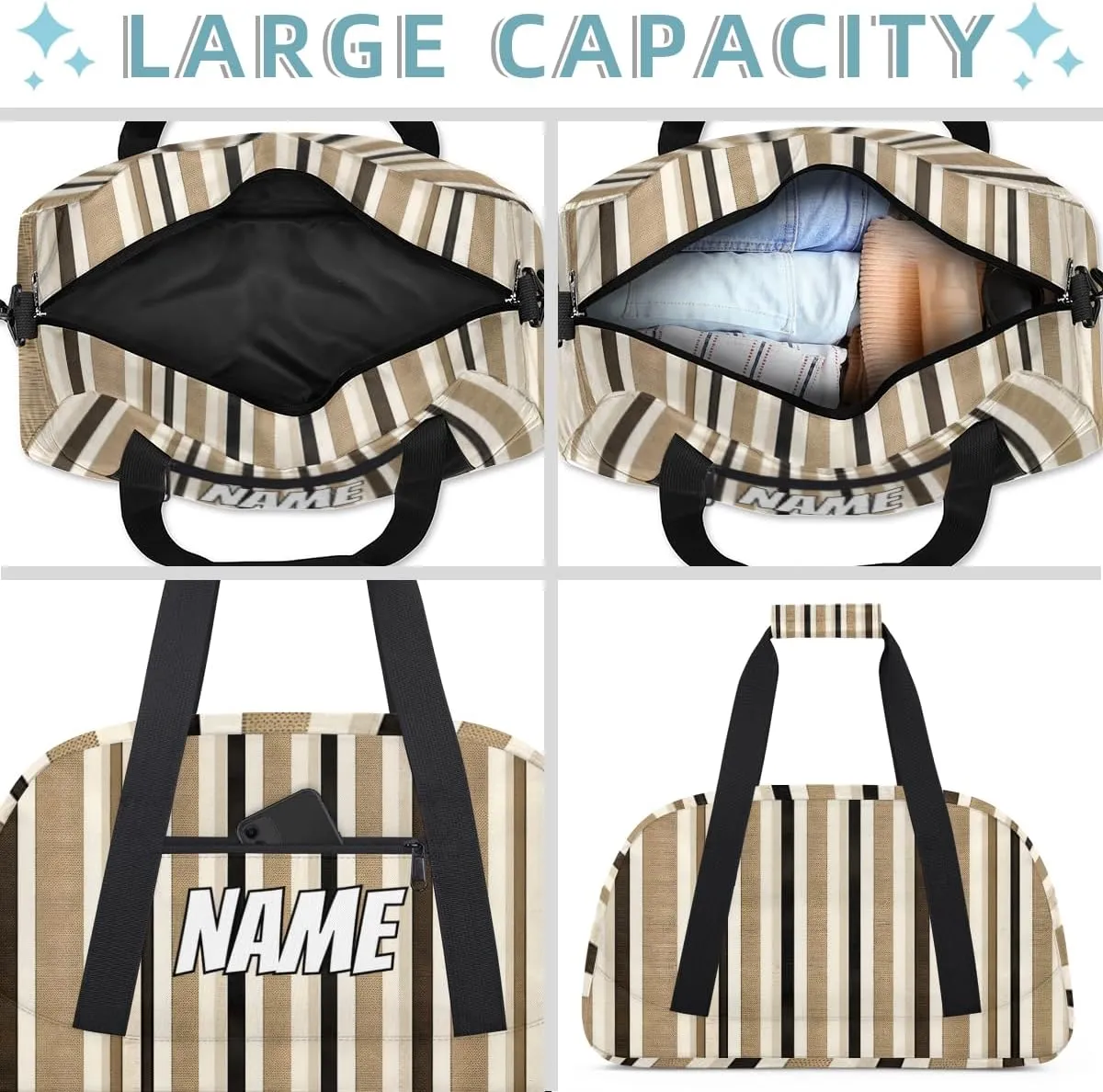 Personalized Custom Gym Bag for Women Men Carry on Striped Travel Duffel Tote Black and Cream Lines Overnight Workout Weekender Bag