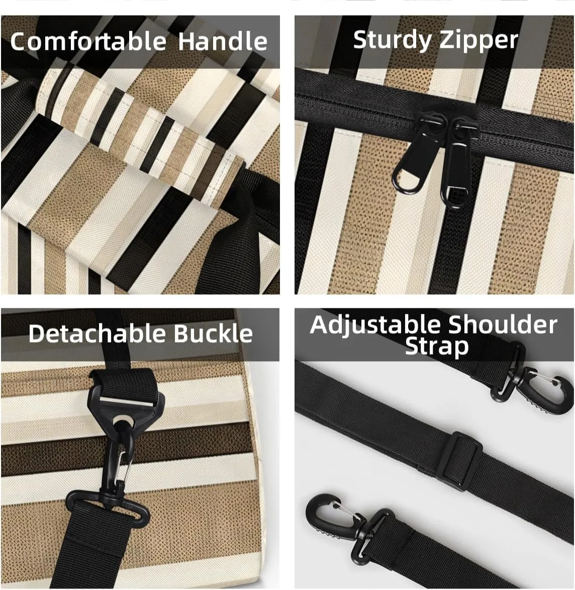 Personalized Custom Gym Bag for Women Men Carry on Striped Travel Duffel Tote Black and Cream Lines Overnight Workout Weekender Bag