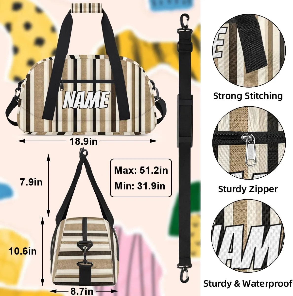 Personalized Custom Gym Bag for Women Men Carry on Striped Travel Duffel Tote Black and Cream Lines Overnight Workout Weekender Bag