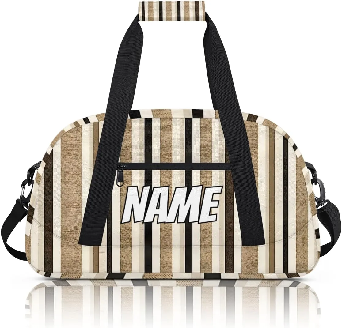 Personalized Custom Gym Bag for Women Men Carry on Striped Travel Duffel Tote Black and Cream Lines Overnight Workout Weekender Bag