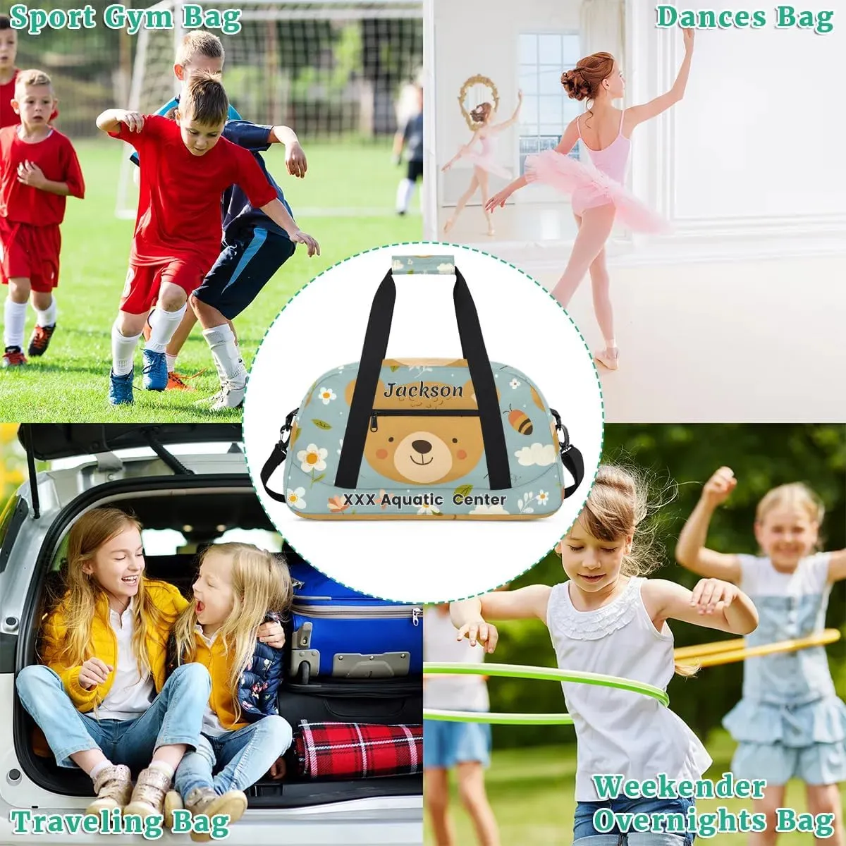 Personalized Cute Bear Gym Duffel Bags for Kids Girls Boys with Custom Name Sport Dance Bags for Overnight Weekender