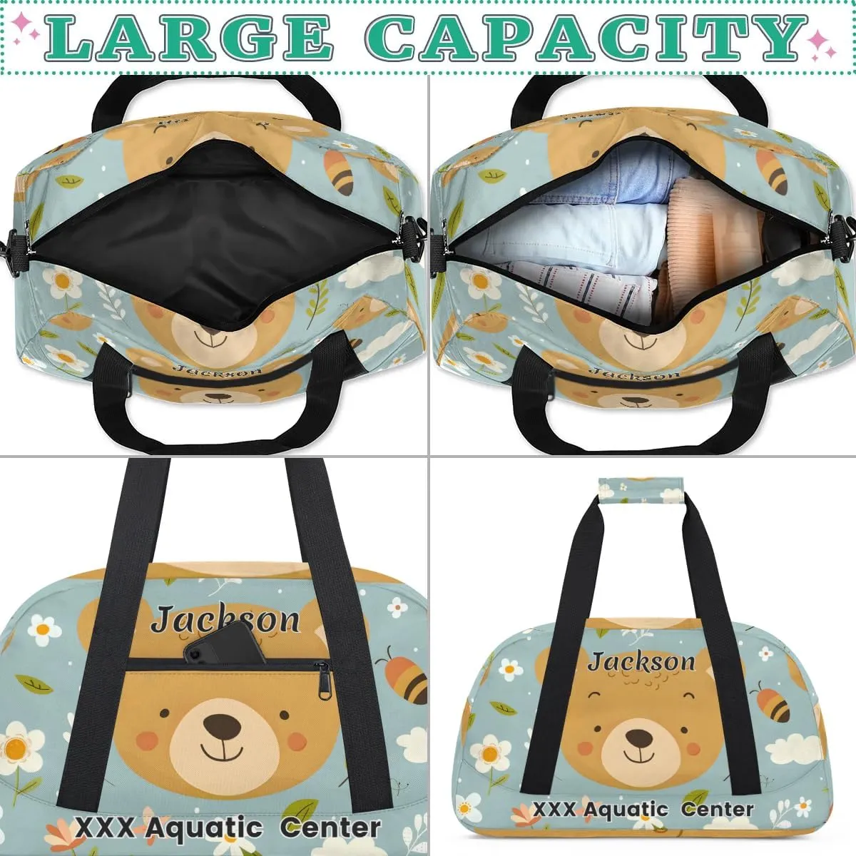Personalized Cute Bear Gym Duffel Bags for Kids Girls Boys with Custom Name Sport Dance Bags for Overnight Weekender