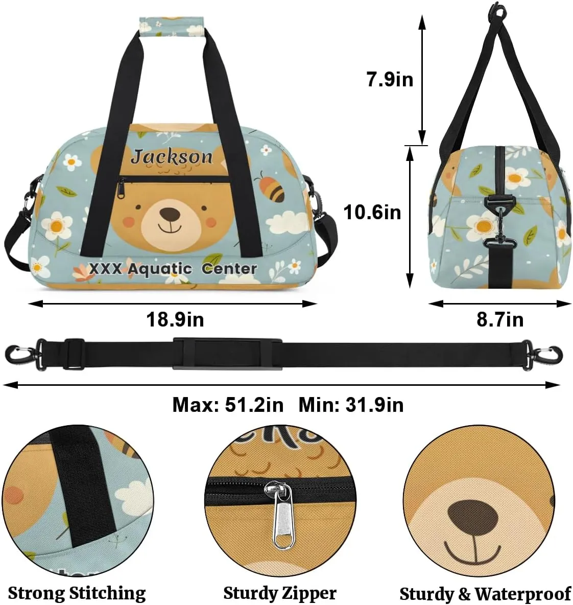 Personalized Cute Bear Gym Duffel Bags for Kids Girls Boys with Custom Name Sport Dance Bags for Overnight Weekender
