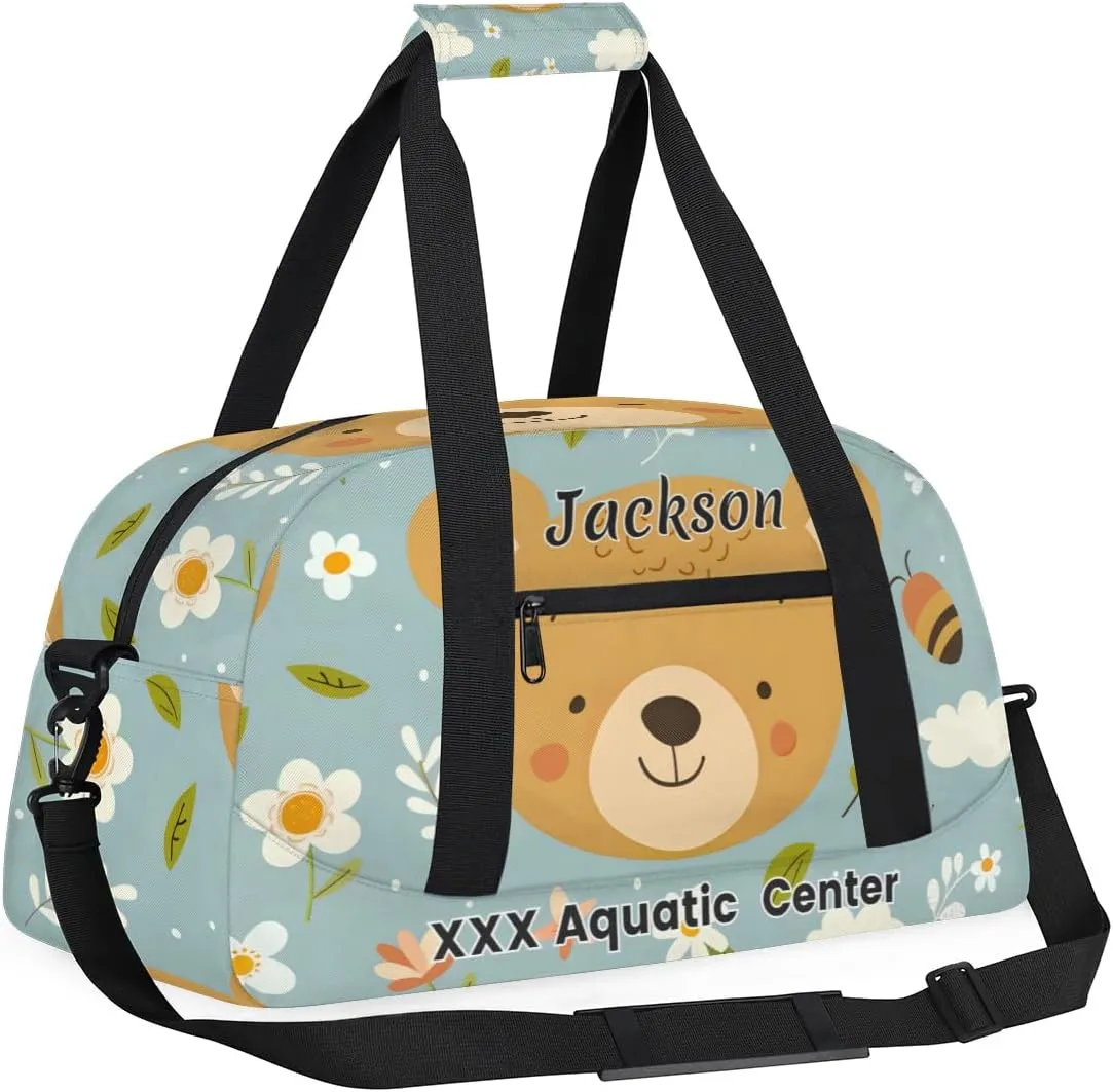 Personalized Cute Bear Gym Duffel Bags for Kids Girls Boys with Custom Name Sport Dance Bags for Overnight Weekender