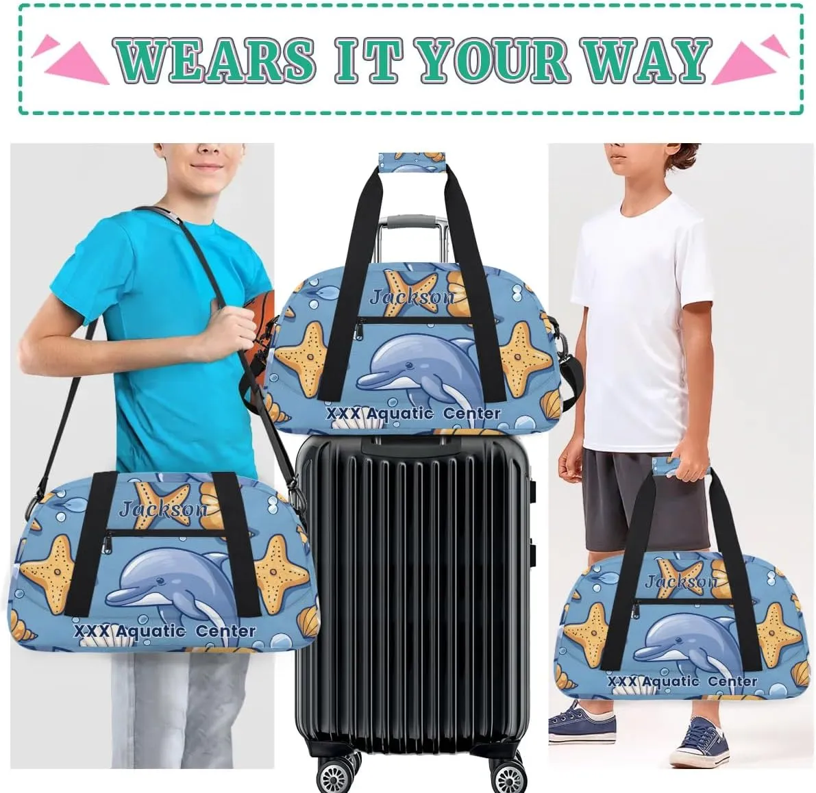 Personalized Cute Blue Whale Gym Duffel Bags for Kids Girls Boys with Custom Name Sport Dance Bags for Overnight Weekender