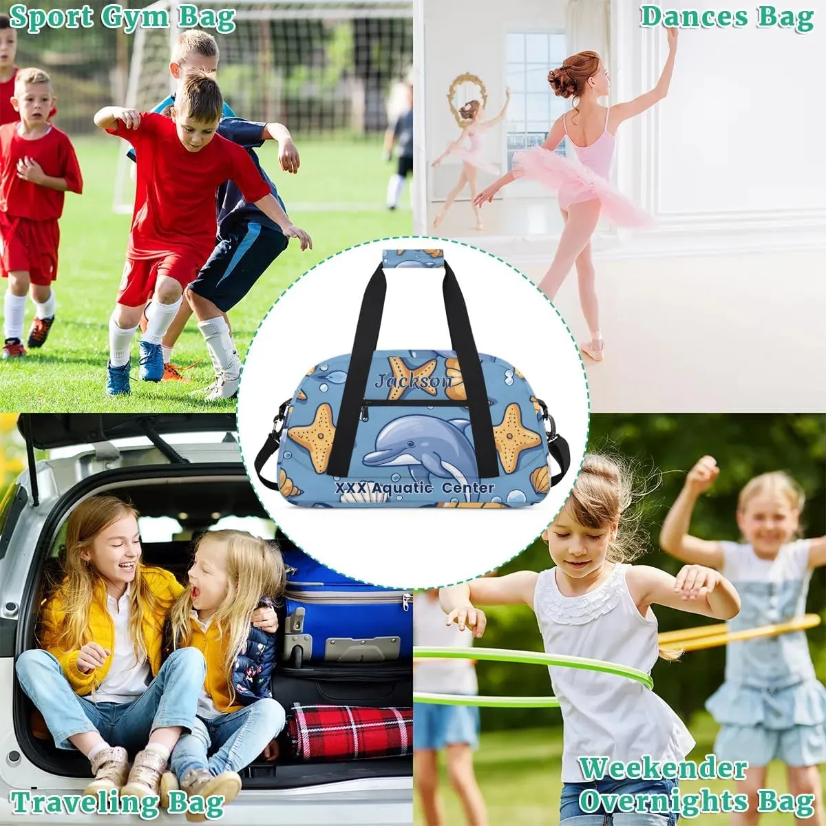 Personalized Cute Blue Whale Gym Duffel Bags for Kids Girls Boys with Custom Name Sport Dance Bags for Overnight Weekender