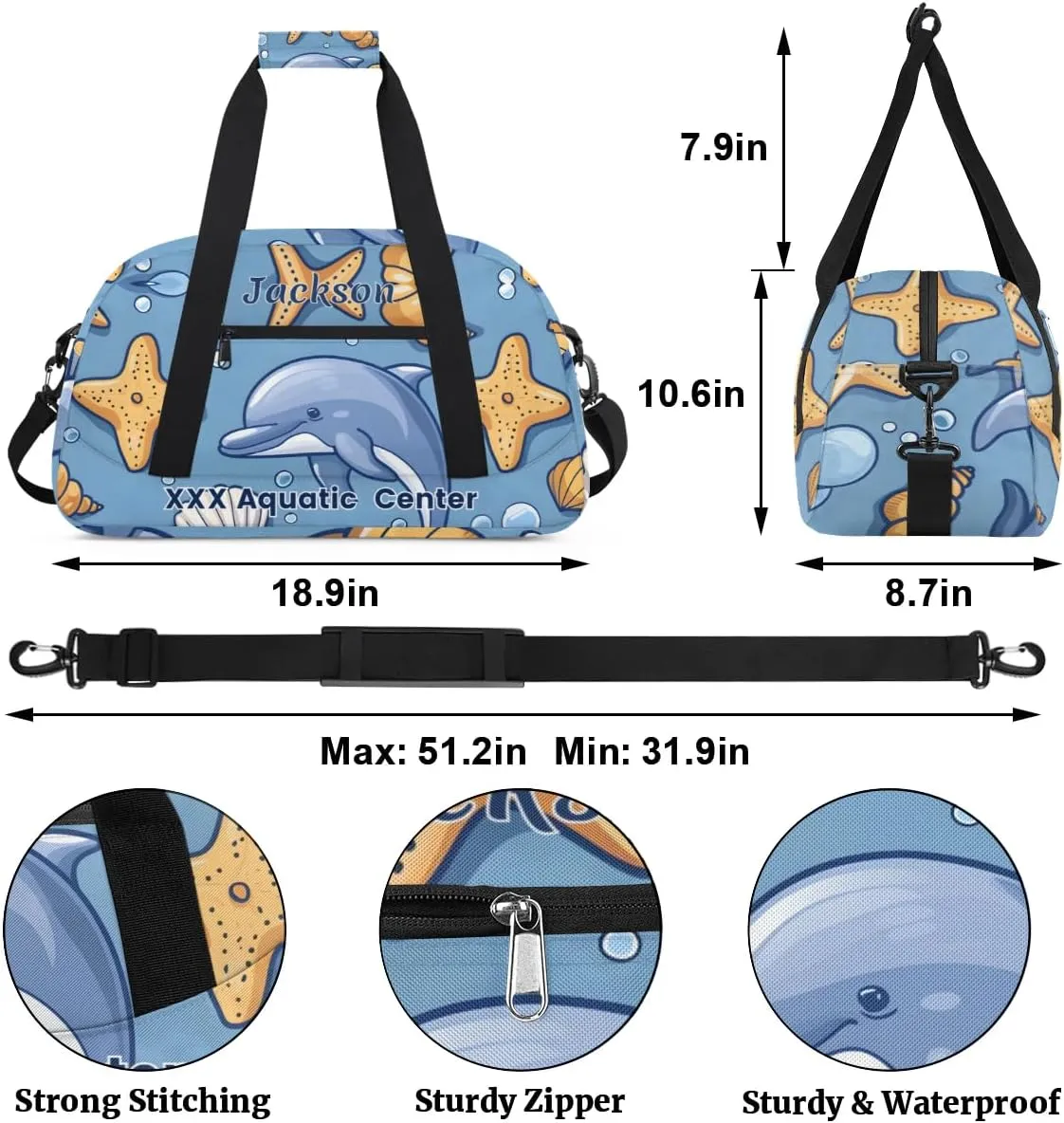Personalized Cute Blue Whale Gym Duffel Bags for Kids Girls Boys with Custom Name Sport Dance Bags for Overnight Weekender