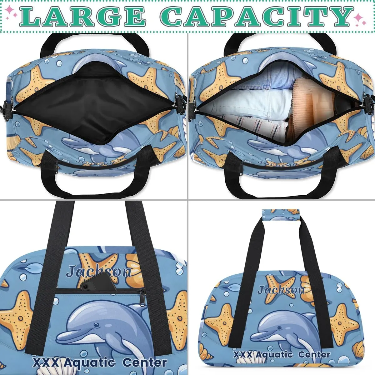Personalized Cute Blue Whale Gym Duffel Bags for Kids Girls Boys with Custom Name Sport Dance Bags for Overnight Weekender