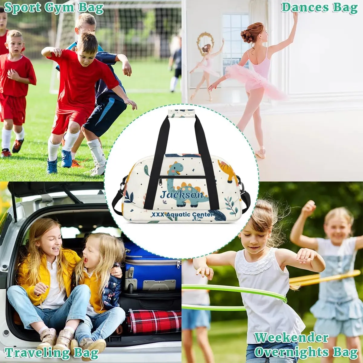 Personalized Cute Dinosaur Gym Duffel Bags for Kids Boys with Custom Name Sport Training Travel Bags for Overnight Weekender - Green