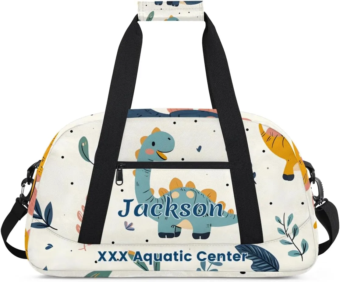 Personalized Cute Dinosaur Gym Duffel Bags for Kids Boys with Custom Name Sport Training Travel Bags for Overnight Weekender - Green