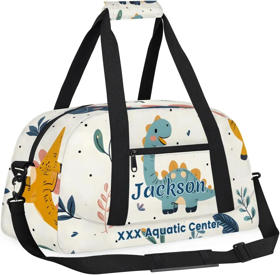 Personalized Cute Dinosaur Gym Duffel Bags for Kids Boys with Custom Name Sport Training Travel Bags for Overnight Weekender - Green