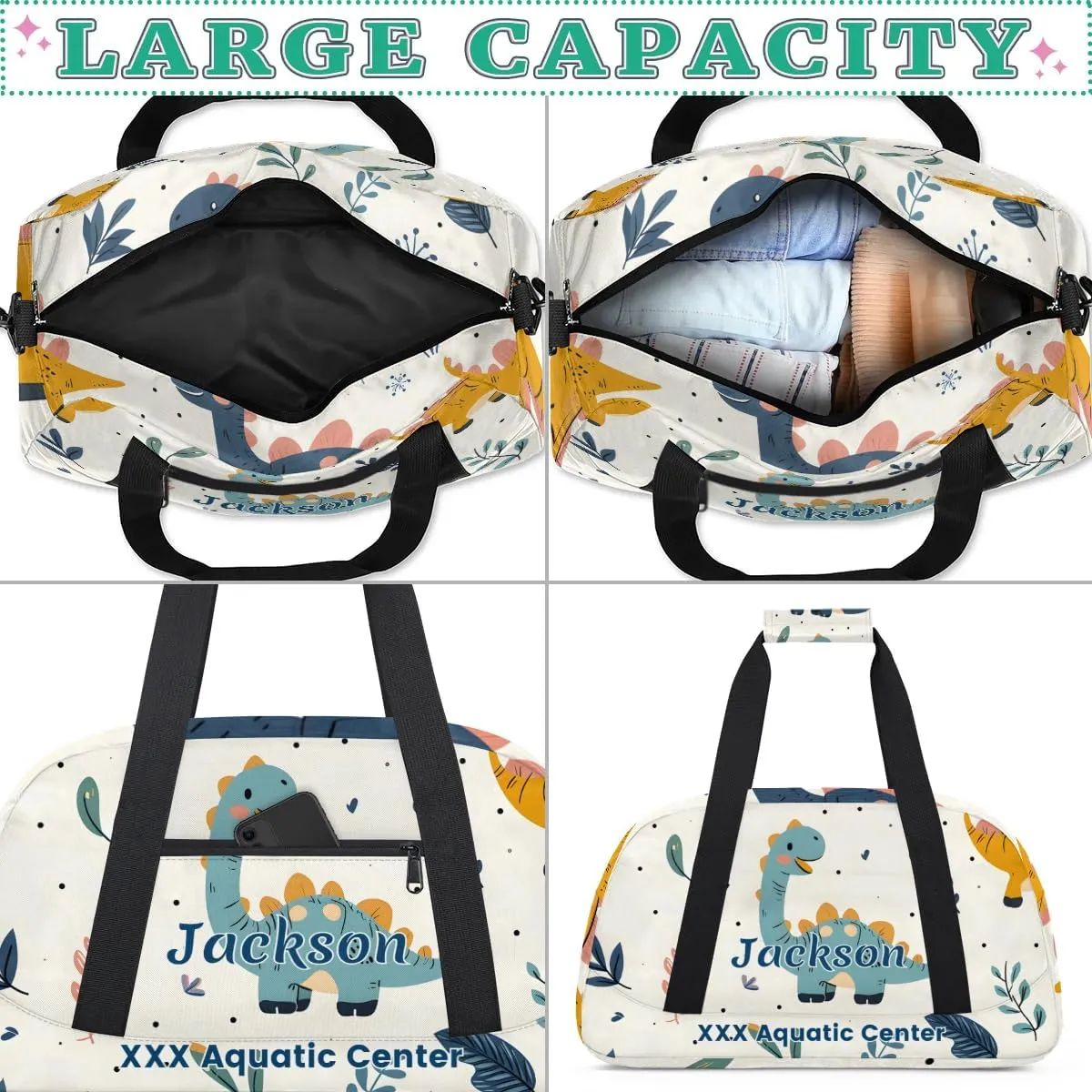 Personalized Cute Dinosaur Gym Duffel Bags for Kids Boys with Custom Name Sport Training Travel Bags for Overnight Weekender - Green