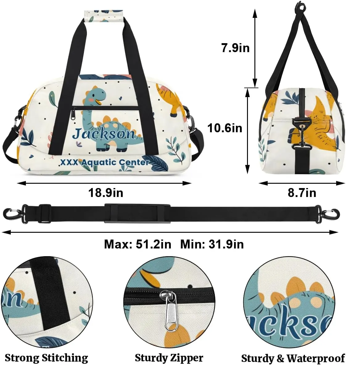 Personalized Cute Dinosaur Gym Duffel Bags for Kids Boys with Custom Name Sport Training Travel Bags for Overnight Weekender - Green