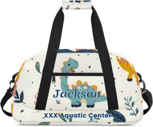 Personalized Cute Dinosaur Gym Duffel Bags for Kids Boys with Custom Name Sport Training Travel Bags for Overnight Weekender - Green