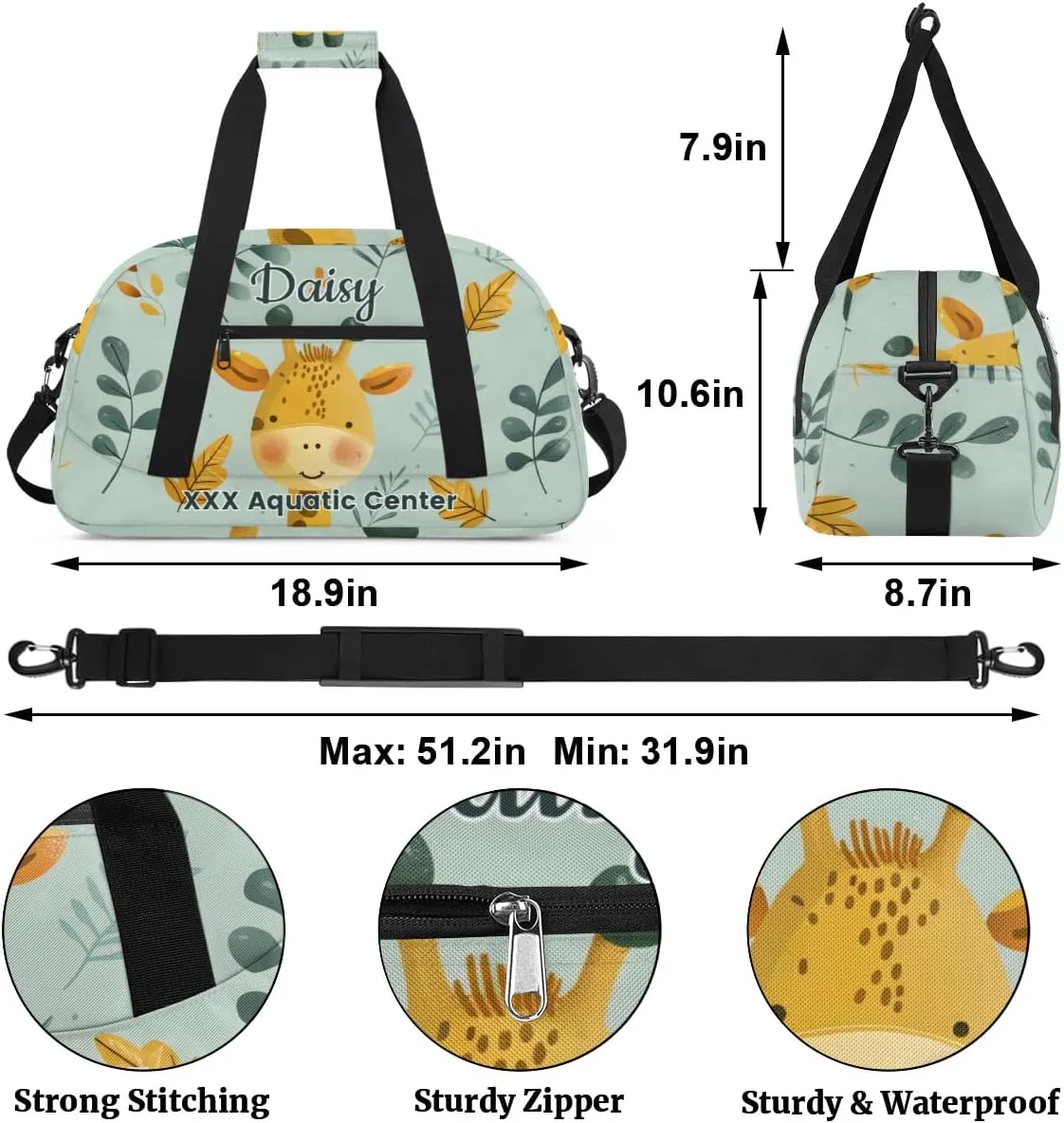 Personalized Cute Green Giraffe Gym Duffel Bags for Kids Girls Boys with Custom Name Sport Dance Bags for Overnight Weekender