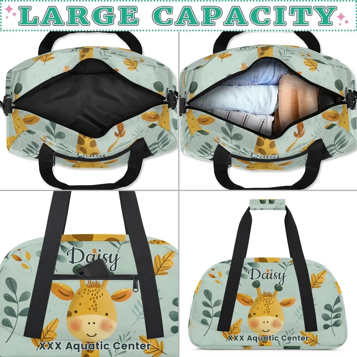 Personalized Cute Green Giraffe Gym Duffel Bags for Kids Girls Boys with Custom Name Sport Dance Bags for Overnight Weekender
