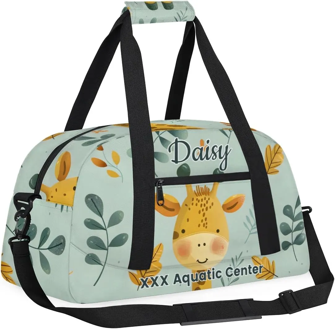 Personalized Cute Green Giraffe Gym Duffel Bags for Kids Girls Boys with Custom Name Sport Dance Bags for Overnight Weekender