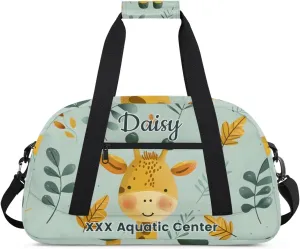 Personalized Cute Green Giraffe Gym Duffel Bags for Kids Girls Boys with Custom Name Sport Dance Bags for Overnight Weekender