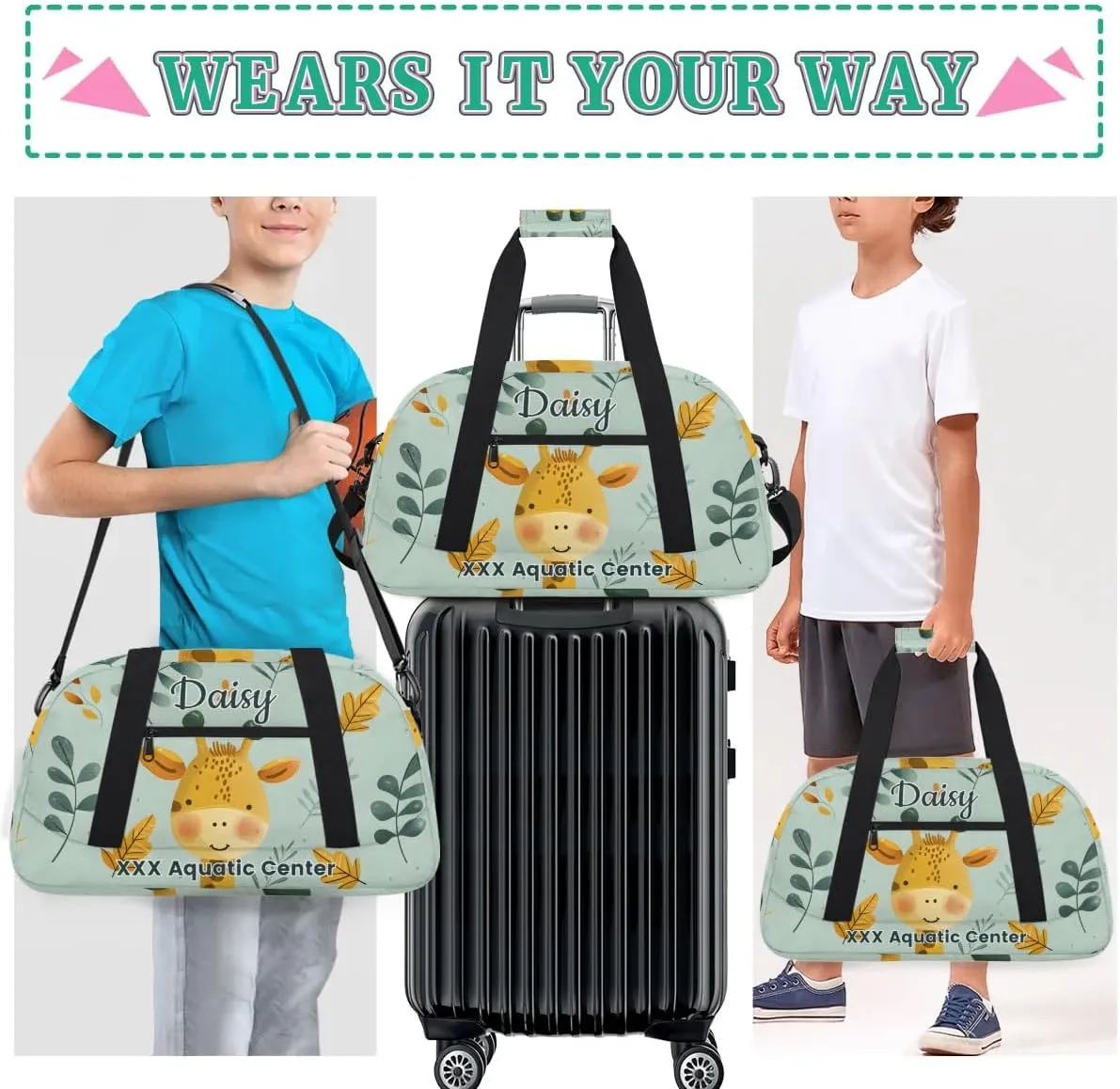 Personalized Cute Green Giraffe Gym Duffel Bags for Kids Girls Boys with Custom Name Sport Dance Bags for Overnight Weekender