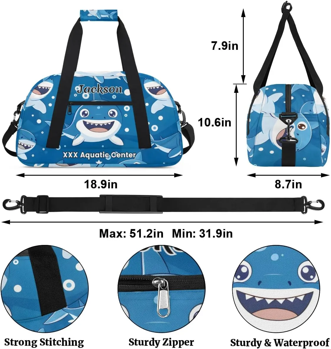 Personalized Cute Shark Gym Duffel Bags for Kids Boys with Custom Name Sport Training Travel Bags for Overnight Weekender