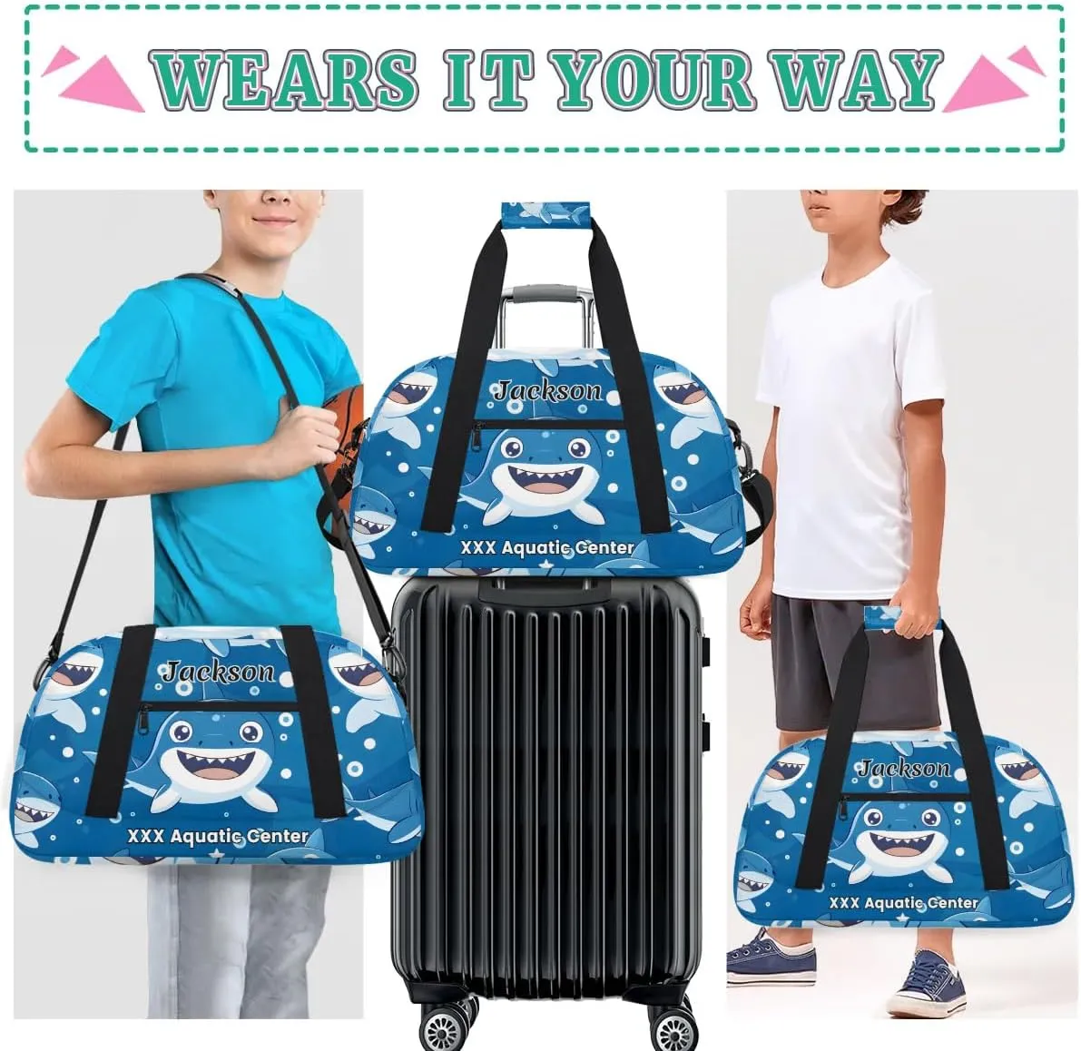 Personalized Cute Shark Gym Duffel Bags for Kids Boys with Custom Name Sport Training Travel Bags for Overnight Weekender