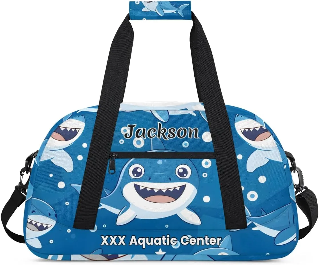 Personalized Cute Shark Gym Duffel Bags for Kids Boys with Custom Name Sport Training Travel Bags for Overnight Weekender