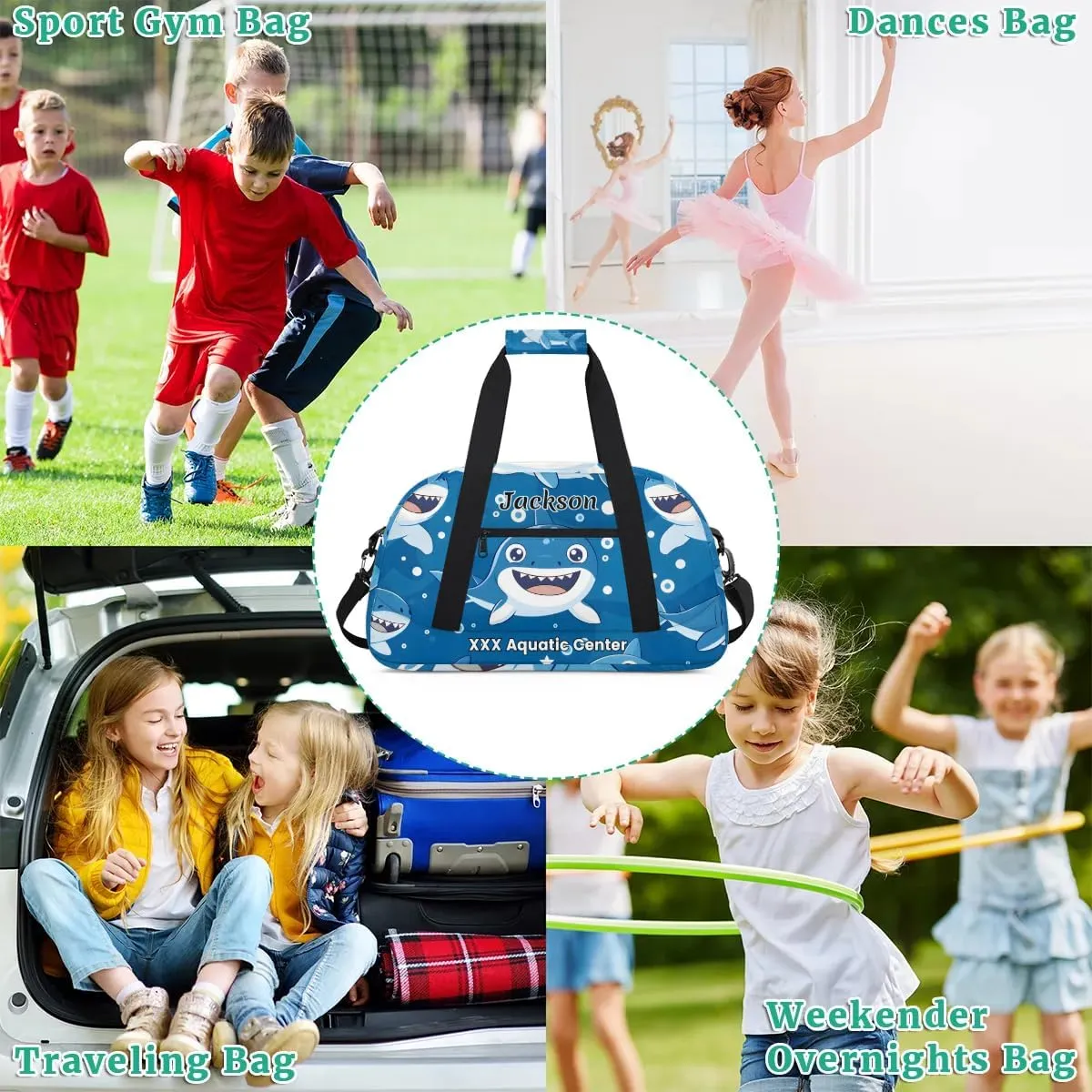 Personalized Cute Shark Gym Duffel Bags for Kids Boys with Custom Name Sport Training Travel Bags for Overnight Weekender
