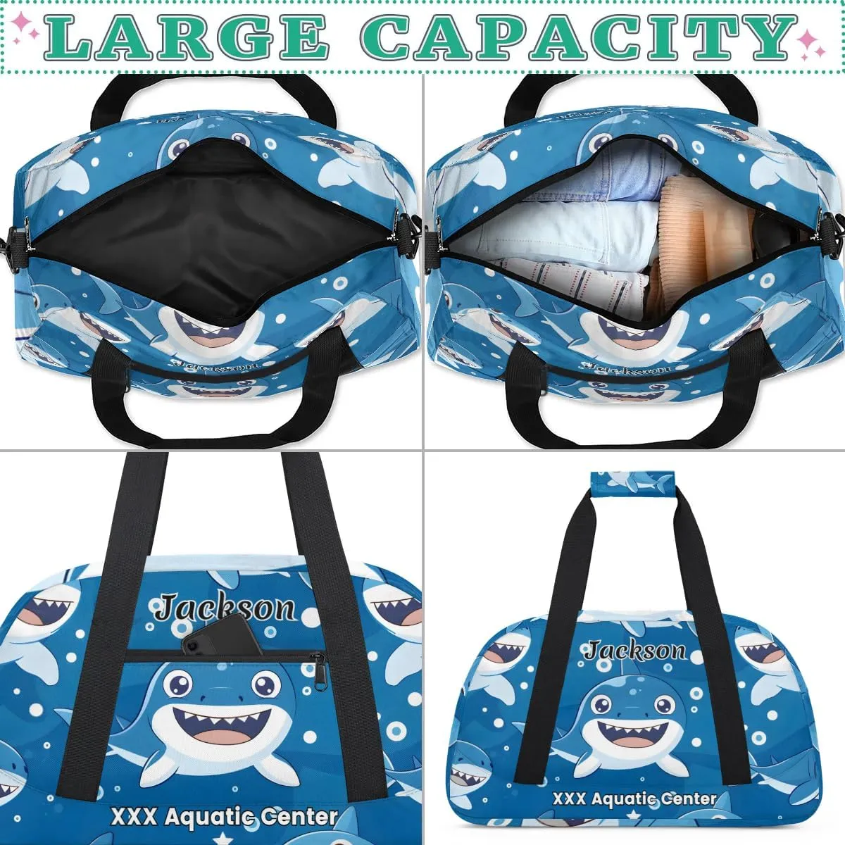 Personalized Cute Shark Gym Duffel Bags for Kids Boys with Custom Name Sport Training Travel Bags for Overnight Weekender
