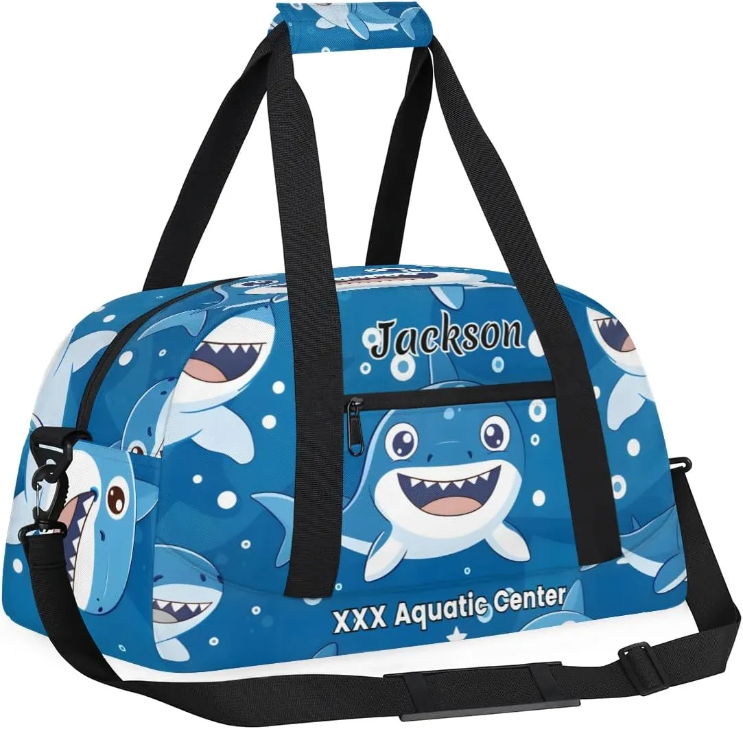 Personalized Cute Shark Gym Duffel Bags for Kids Boys with Custom Name Sport Training Travel Bags for Overnight Weekender