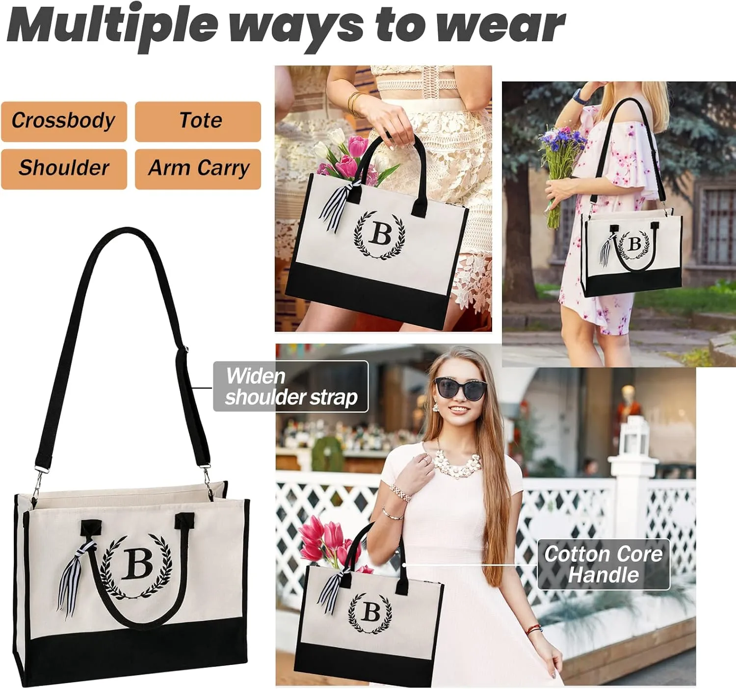 Personalized Gifts Monogram Beach Tote Bag with Zipper for Women, Birthday Gifts for Women