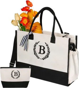 Personalized Gifts Monogram Beach Tote Bag with Zipper for Women, Birthday Gifts for Women