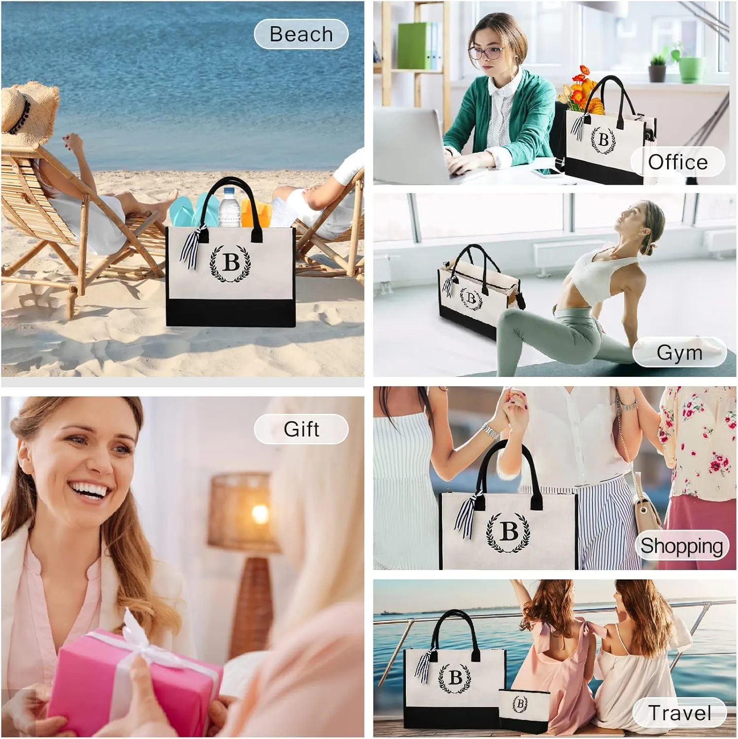 Personalized Gifts Monogram Beach Tote Bag with Zipper for Women, Birthday Gifts for Women