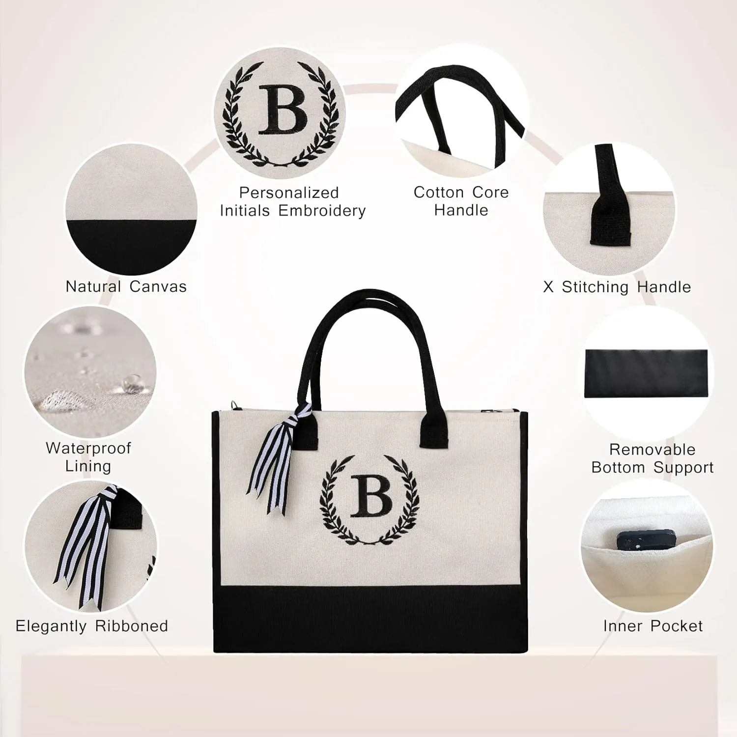 Personalized Gifts Monogram Beach Tote Bag with Zipper for Women, Birthday Gifts for Women