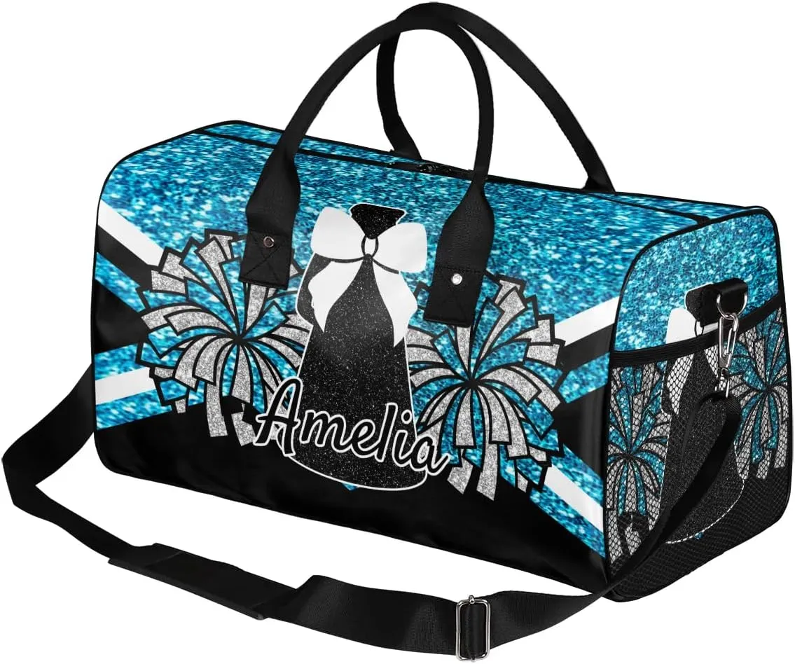 Personalized Gym Bag Cheer Sports Duffle Bag with Name Waterproof Foldable Cheerleaders Weekender Overnight Travel Bag for Women Blue Glitter
