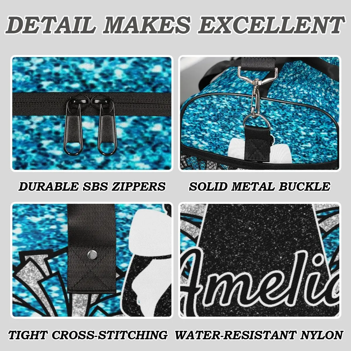 Personalized Gym Bag Cheer Sports Duffle Bag with Name Waterproof Foldable Cheerleaders Weekender Overnight Travel Bag for Women Blue Glitter