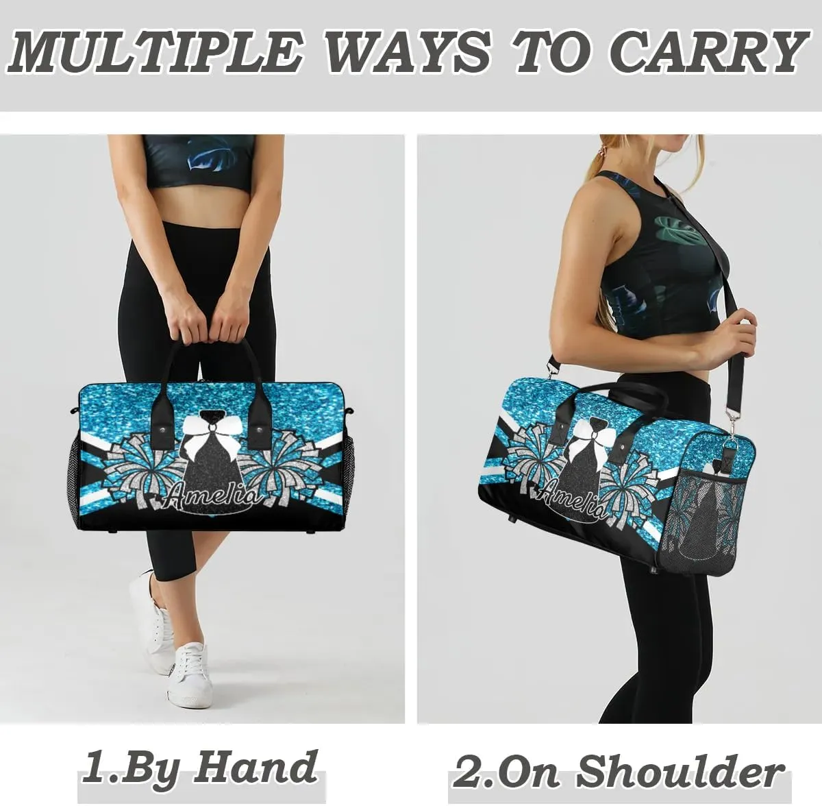 Personalized Gym Bag Cheer Sports Duffle Bag with Name Waterproof Foldable Cheerleaders Weekender Overnight Travel Bag for Women Blue Glitter