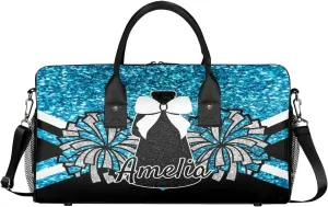 Personalized Gym Bag Cheer Sports Duffle Bag with Name Waterproof Foldable Cheerleaders Weekender Overnight Travel Bag for Women Blue Glitter