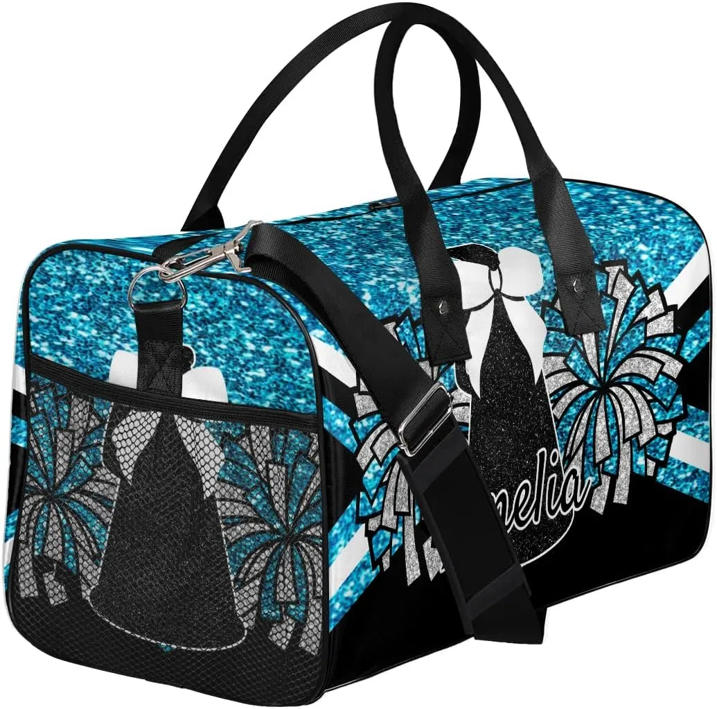 Personalized Gym Bag Cheer Sports Duffle Bag with Name Waterproof Foldable Cheerleaders Weekender Overnight Travel Bag for Women Blue Glitter